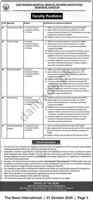 Newspaper clipping: Faculty Positions — Lady Reading Hospital Medical Teaching Institution, Peshawar, The News International, 01 Oct 2026