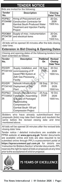Newspaper clipping: PPL Tender Notice — Gambat South PW Treatment & Multiple Packages (Closing 2026-10-20), The News International, 01 Oct 2026