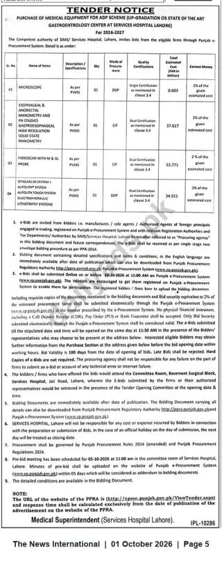 Newspaper clipping: Tender for Medical Equipment for ADP Scheme — Gastroenterology Center, Services Hospital Lahore (2026-27), The News International, 01 Oct 2026