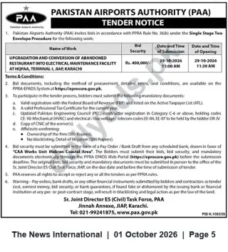 Newspaper clipping: PAA Tender: Upgradation & Conversion of Abandoned Restaurant into Electrical Maintenance Facility at Jinnah Terminal, Karachi, The News International, 01 Oct 2026