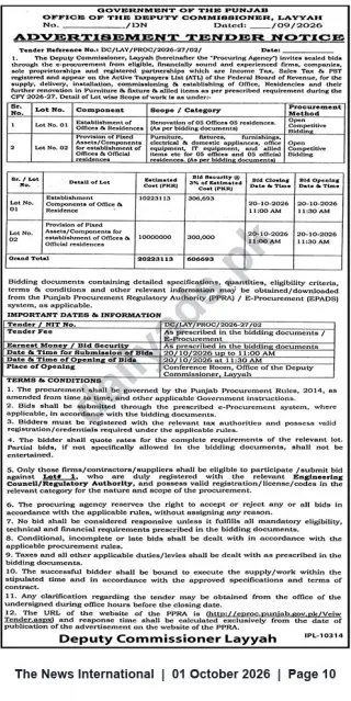 Newspaper clipping: Tender Notice — Renovation and Furnishing of Offices & Official Residences (DC/LAY/PROC/2026-27/02), The News International, 01 Oct 2026
