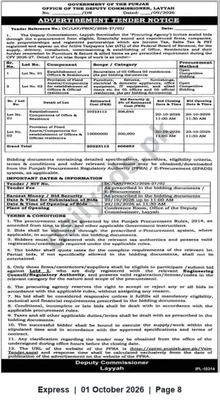 Newspaper clipping: Tender: Renovation and Provision of Fixed Assets for Offices & Official Residences — Deputy Commissioner Layyah, Express, 01 Oct 2026