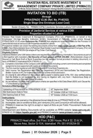 Newspaper clipping: PRIMACO Invitation to Bid: Janitorial Services for EOBI Properties in Lahore (Ref. P140352), Dawn, 01 Oct 2026