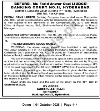 Newspaper clipping: Banking Court-II Hyderabad Summons in Suit No. 456/2026 — Faysal Bank Ltd v. Muhammad Salmar Siddiqui, Dawn, 01 Oct 2026