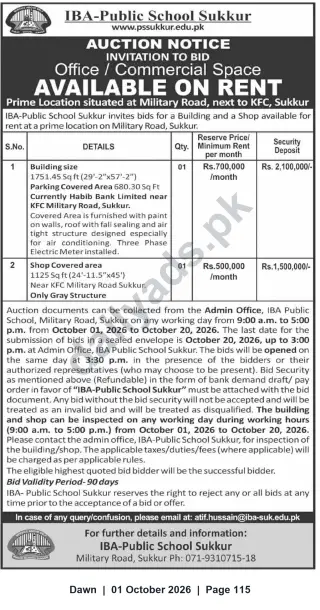 Newspaper clipping: Auction Notice: Office & Shop for Rent — IBA‑Public School Sukkur (Military Road), Dawn, 01 Oct 2026