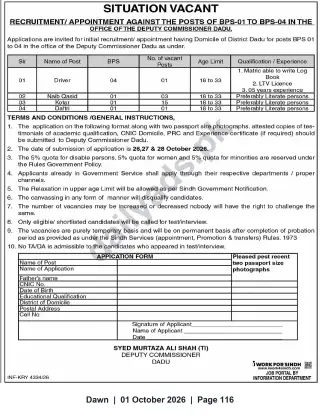 Newspaper clipping: Vacancies (BPS‑01 to BPS‑04) — Office of the Deputy Commissioner, Dadu, Dawn, 01 Oct 2026