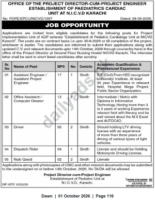 Newspaper clipping: Job Opportunities — Project Implementation Unit for Establishment of Pediatric Cardiology Unit at NICVD Karachi, Dawn, 01 Oct 2026