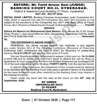 Newspaper clipping: Banking Court Summons: Faysal Bank vs Bahzul Ali Memon — Hyderabad (Suit No.452/2026), Dawn, 01 Oct 2026