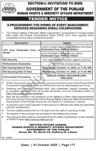 Newspaper clipping: Punjab HR & Minority Affairs Dept Tender: Event Management for Diwali Celebrations in Rahim Yar Khan and Lahore, Dawn, 01 Oct 2026