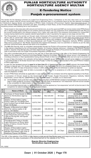 Newspaper clipping: Punjab Horticulture Authority Multan — E-Tender Notice for Supply and Installation Works, Dawn, 01 Oct 2026