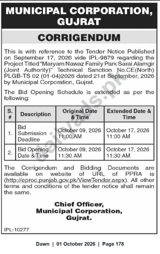 Newspaper clipping: Corrigendum — Tender for Maryam Nawaz Family Park Sarai Alamgir (Municipal Corporation Gujrat), Dawn, 01 Oct 2026