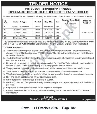Newspaper clipping: Open Auction of Used Official Vehicles — Islamabad (Tender No. 60301-Transport/T-1/2026, Auction 2026-10-15), Dawn, 01 Oct 2026