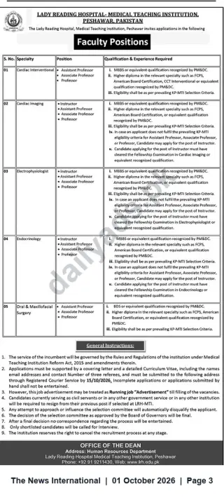 Newspaper clipping: Faculty Positions at Lady Reading Hospital (LRH-MTI), Peshawar — Professors, Associate & Assistant Professors, Instructors, The News International, 01 Oct 2026