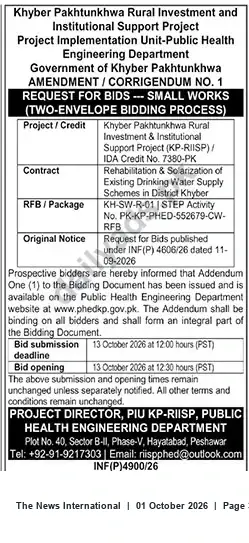 Newspaper clipping: KP-RIISP Amendment No.1 — RFB for Rehabilitation & Solarization of Drinking Water Schemes in District Khyber (KH-SW-R-01), The News International, 01 Oct 2026