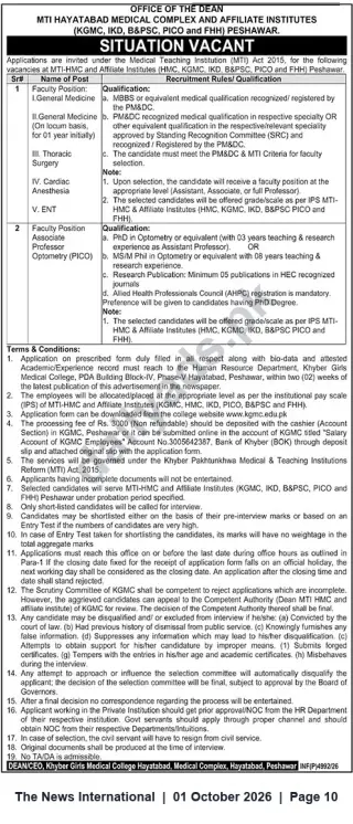 Newspaper clipping: Faculty Vacancies at MTI Hayatabad Medical Complex & Affiliate Institutes, Peshawar, The News International, 01 Oct 2026
