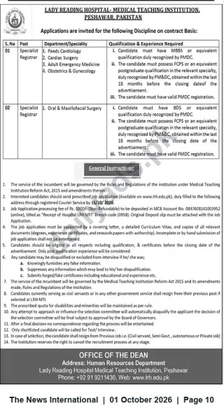 Newspaper clipping: Specialist Registrar (Multiple Disciplines) – Lady Reading Hospital, Peshawar, The News International, 01 Oct 2026