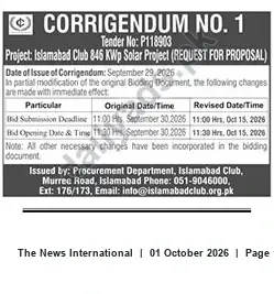 Newspaper clipping: Corrigendum No.1 — Tender P118903: Islamabad Club 846 kWp Solar Project (RFP), The News International, 01 Oct 2026
