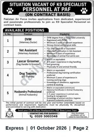 Newspaper clipping: Pakistan Air Force Hiring K9 Specialist Personnel (Contract) – PAF Base Lower Topa, Express, 01 Oct 2026