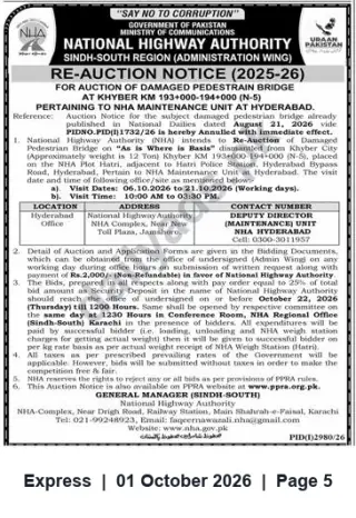 Newspaper clipping: NHA Re-Auction: Damaged Pedestrian Bridge at Khyber KM 193+000–194+000 (Hyderabad), Express, 01 Oct 2026