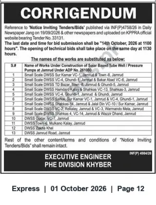 Newspaper clipping: Corrigendum: Tender No. 33131 — Construction of Solar-Based Tube Wells / Pressure Pumps (Jamrud), Express, 01 Oct 2026