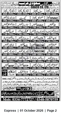 Newspaper clipping: M/s LUNA Corporation hiring: HVAC, BMS/CCMS, STP and related roles (Salaries 1,500–4,500 SR), Express, 01 Oct 2026