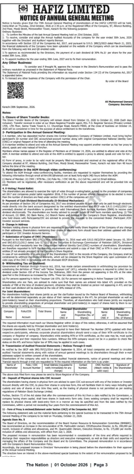 Newspaper clipping: Hafiz Limited — Notice of 75th Annual General Meeting (Karachi), The Nation, 01 Oct 2026
