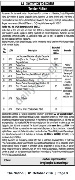 Newspaper clipping: Tender: Framework Contracts for Medicines, Surgical & Diagnostic Items — DHQ Hospital Bahawalnagar 2026-27, The Nation, 01 Oct 2026