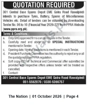 Newspaper clipping: Tender: Tyres, Batteries & Miscellaneous Vehicle Spares — 301 Central Base Spares Depot EME Rawalpindi, The Nation, 01 Oct 2026