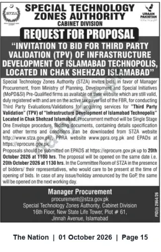Newspaper clipping: STZA Request for Proposal: Third-Party Validation of Islamabad Technopolis Infrastructure (Chak Shehzad), The Nation, 01 Oct 2026