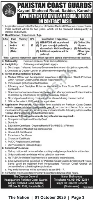 Newspaper clipping: Pakistan Coast Guards Recruitment — Civilian Medical Officer (BPS-17) on Contract, Karachi, The Nation, 01 Oct 2026