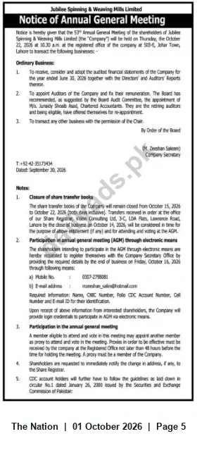 Newspaper clipping: Jubilee Spinning & Weaving Mills Ltd — Notice of 53rd Annual General Meeting, The Nation, 01 Oct 2026
