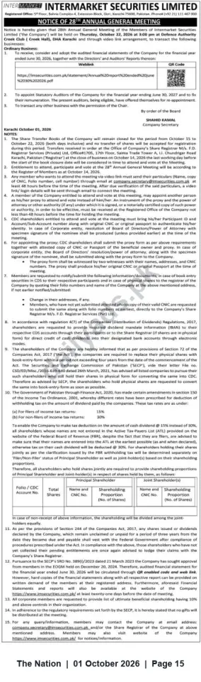 Newspaper clipping: Intermarket Securities Ltd — 28th Annual General Meeting on 22 October 2026 (Karachi), The Nation, 01 Oct 2026