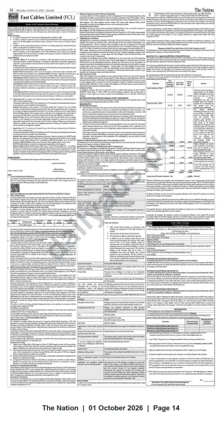 Newspaper clipping: Fast Cables Limited — Notice of Annual General Meeting (Karachi) — 2026-10-01, The Nation, 01 Oct 2026
