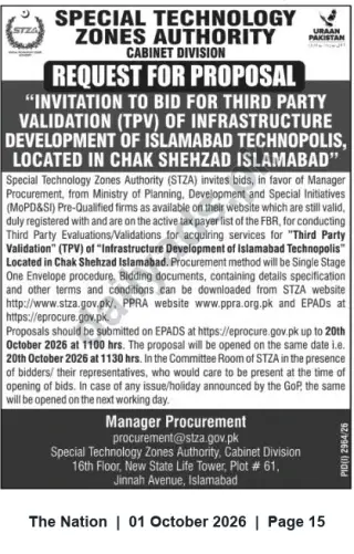 Newspaper clipping: STZA Request for Proposal: Third-Party Validation of Islamabad Technopolis Infrastructure, The Nation, 01 Oct 2026