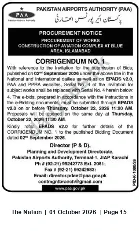 Newspaper clipping: Corrigendum No.1 — Construction of Aviation Complex, Blue Area Islamabad (Bid Deadline 2026-10-22), The Nation, 01 Oct 2026