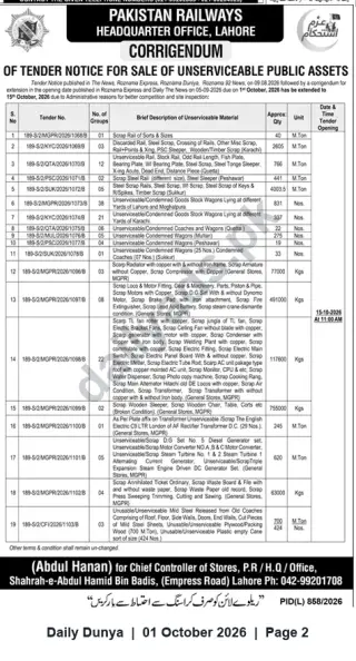 Newspaper clipping: Pakistan Railways Corrigendum — Tender Extension for Sale of Unserviceable Public Assets (Closing 2026-10-15), Dunya, 01 Oct 2026