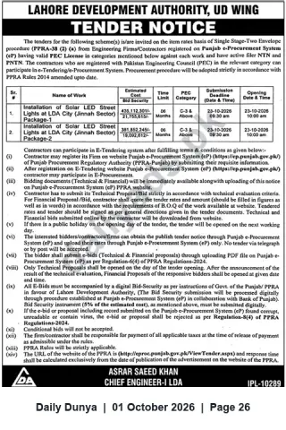 Newspaper clipping: LDA UD Wing Tender: Installation of Solar LED Street Lights, LDA City (Jinnah Sector) — e-Procurement, Dunya, 01 Oct 2026