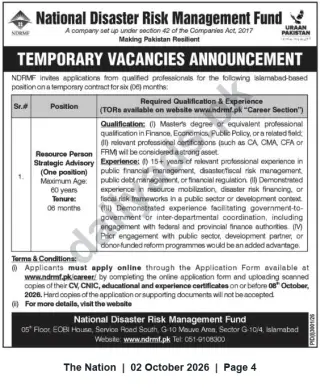 Newspaper clipping: NDRMF Hiring: Resource Person – Strategic Advisory (Islamabad, 6‑Month Contract), The Nation, 02 Oct 2026