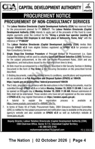 Newspaper clipping: CDA Procurement Notice: Hiring Private Tour Operator for Vatican City Visit (Ref PI-108439), The Nation, 02 Oct 2026