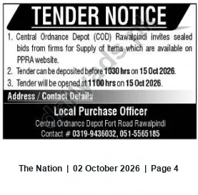 Newspaper clipping: Tender: Supply of Items — Central Ordnance Depot Rawalpindi (15 Oct 2026), The Nation, 02 Oct 2026