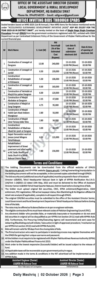 Newspaper clipping: Tender Notice — Construction & Rehabilitation Works (Local Government & Rural Development Dept., Babuzai Swat), Daily Mashriq, 02 Oct 2026