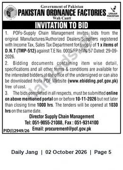 Newspaper clipping: POF Wah Cantt Invitation to Bid — D.N.T (TMP-512), T.E No. 0005/FP/HVN/57, Jang, 02 Oct 2026