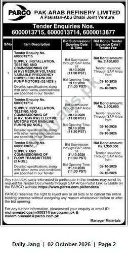 Newspaper clipping: PARCO Tender Notices: VFDs, 6 kV Electric Motors & Flow Transmitters (Oct 2026), Jang, 02 Oct 2026
