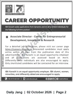 Newspaper clipping: Associate Director — Center for Entrepreneurial Development, Innovation & Research | IBA Karachi, Jang, 02 Oct 2026
