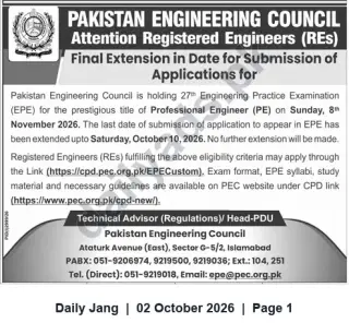 Newspaper clipping: PEC Final Extension: Apply for 27th Engineering Practice Examination (PE) — Deadline 2026-10-10, Jang, 02 Oct 2026