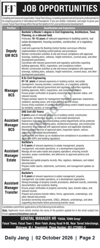 Newspaper clipping: Faisal Town Group Careers: Deputy GM, Managers & Assistant Managers (Building Control & Estate), Jang, 02 Oct 2026
