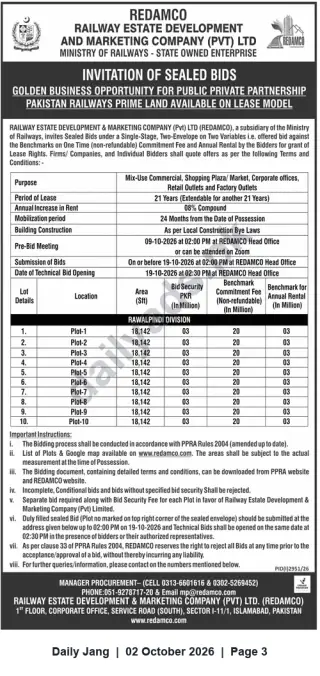 Newspaper clipping: REDAMCO Invitation for Sealed Bids — Lease of Pakistan Railways Prime Land (Rawalpindi Division), Jang, 02 Oct 2026