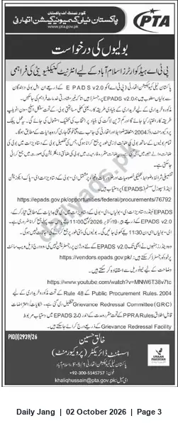 Newspaper clipping: PTA Invitation to Bid — ePADS v2.0 Procurement (Federal), Jang, 02 Oct 2026