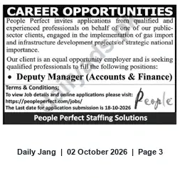Newspaper clipping: Deputy Manager (Accounts & Finance) — People Perfect for Public‑Sector Gas Infrastructure Project, Jang, 02 Oct 2026