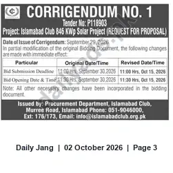 Newspaper clipping: Corrigendum: Islamabad Club 846 kWp Solar Project Tender No. P118903 — Bid Deadline Extended to 15 Oct 2026, Jang, 02 Oct 2026